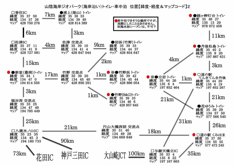 山陰海岸ジオパーク（海岸沿い）　トイレ・車中泊　距離・位置【緯度・経度＆マップコード】2